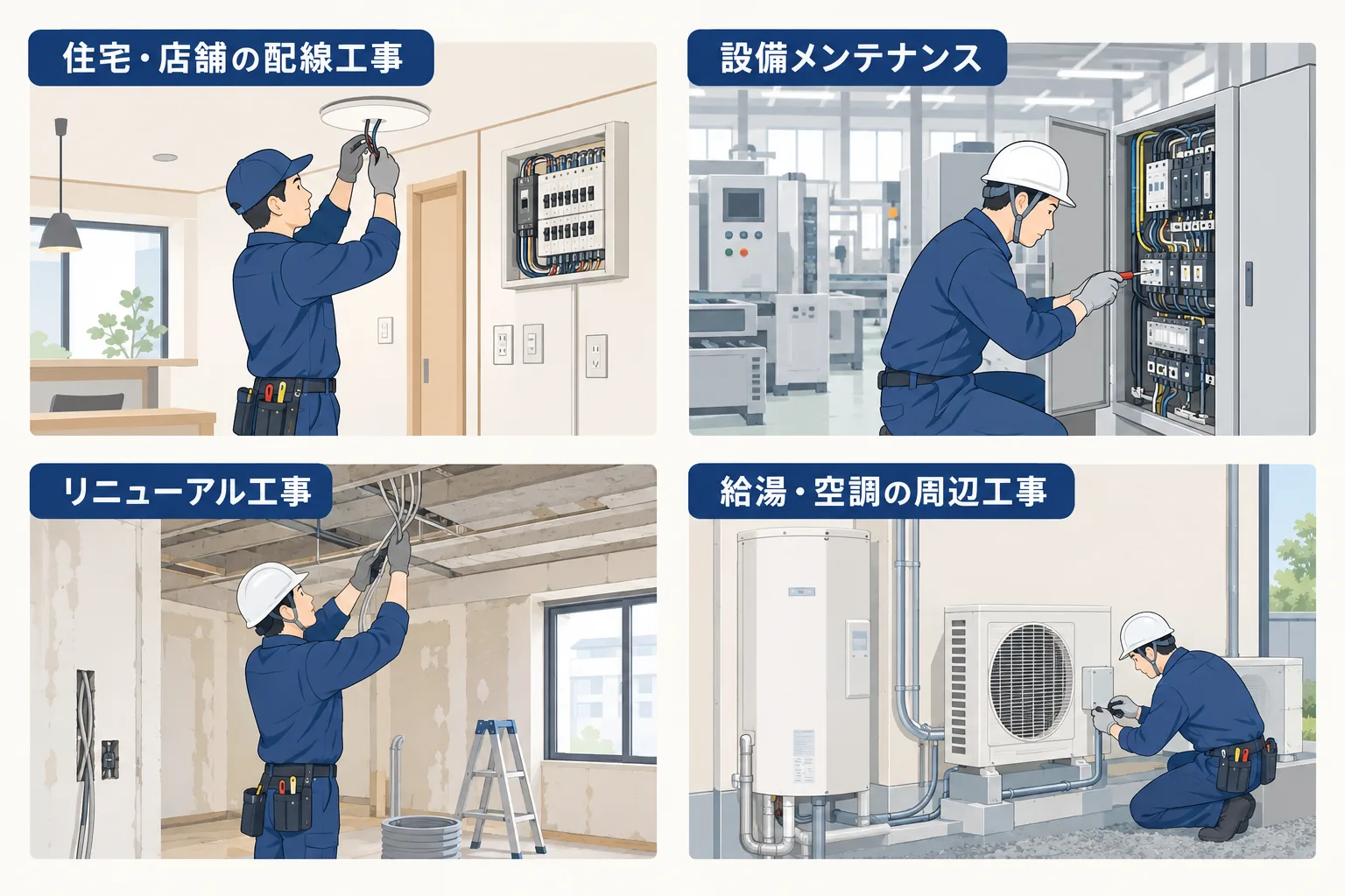 第二種電気工事士が担う住宅の配線工事、設備の点検、改修工事、機器設置に伴う配線の4つの仕事場面を描いたイラスト