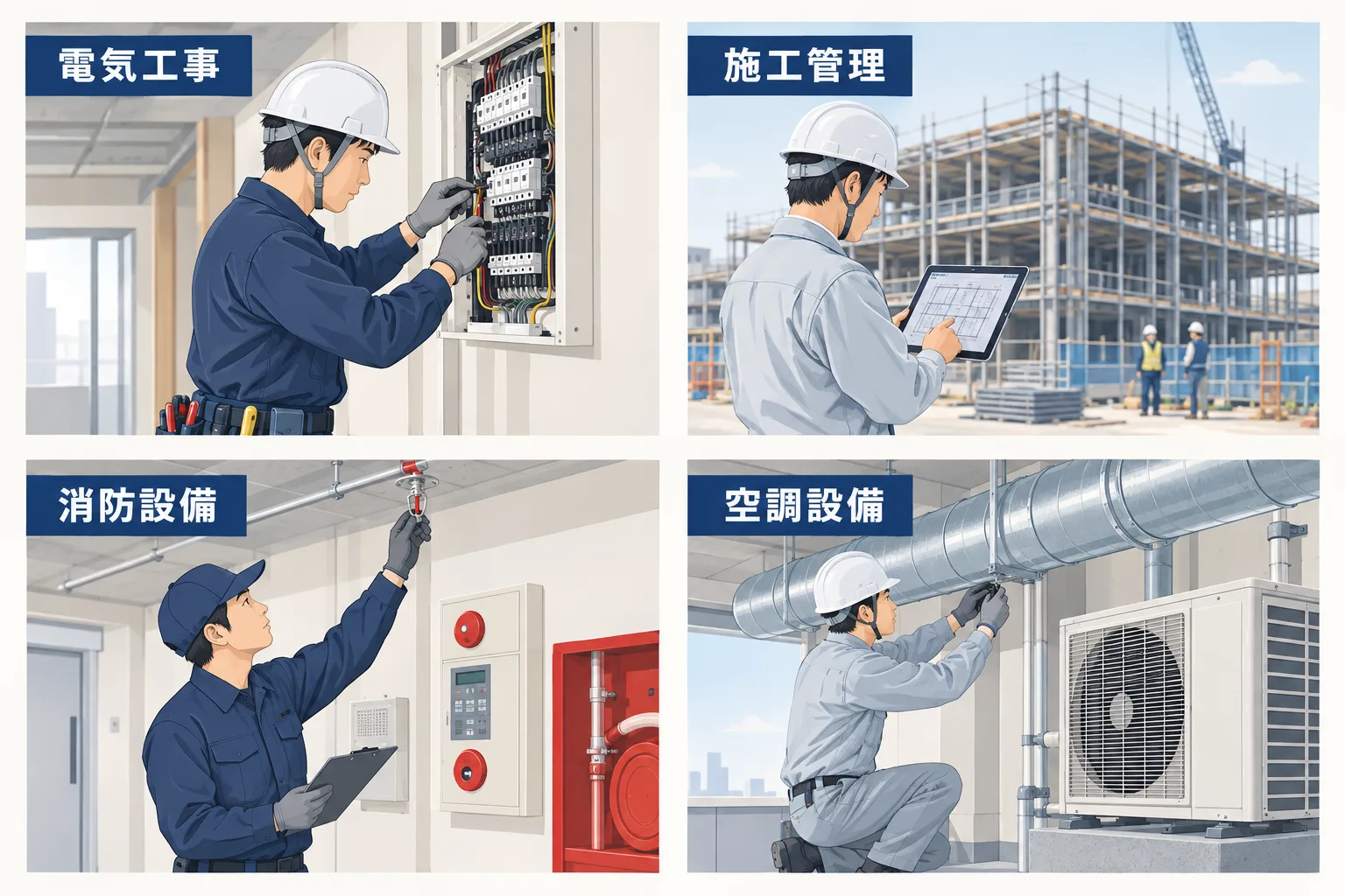 電気工事士・施工管理・消防設備士・空調設備技術者の作業風景を描いた設備業界職種紹介イラスト