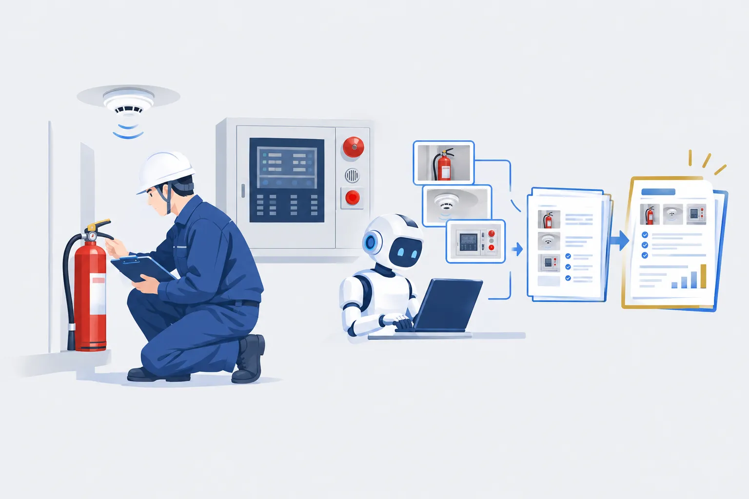 消防設備点検のAI活用ガイド｜資格者による点検実施とAIによる記録・報告書・期限管理の自動化をイメージしたヒーロービジュアル