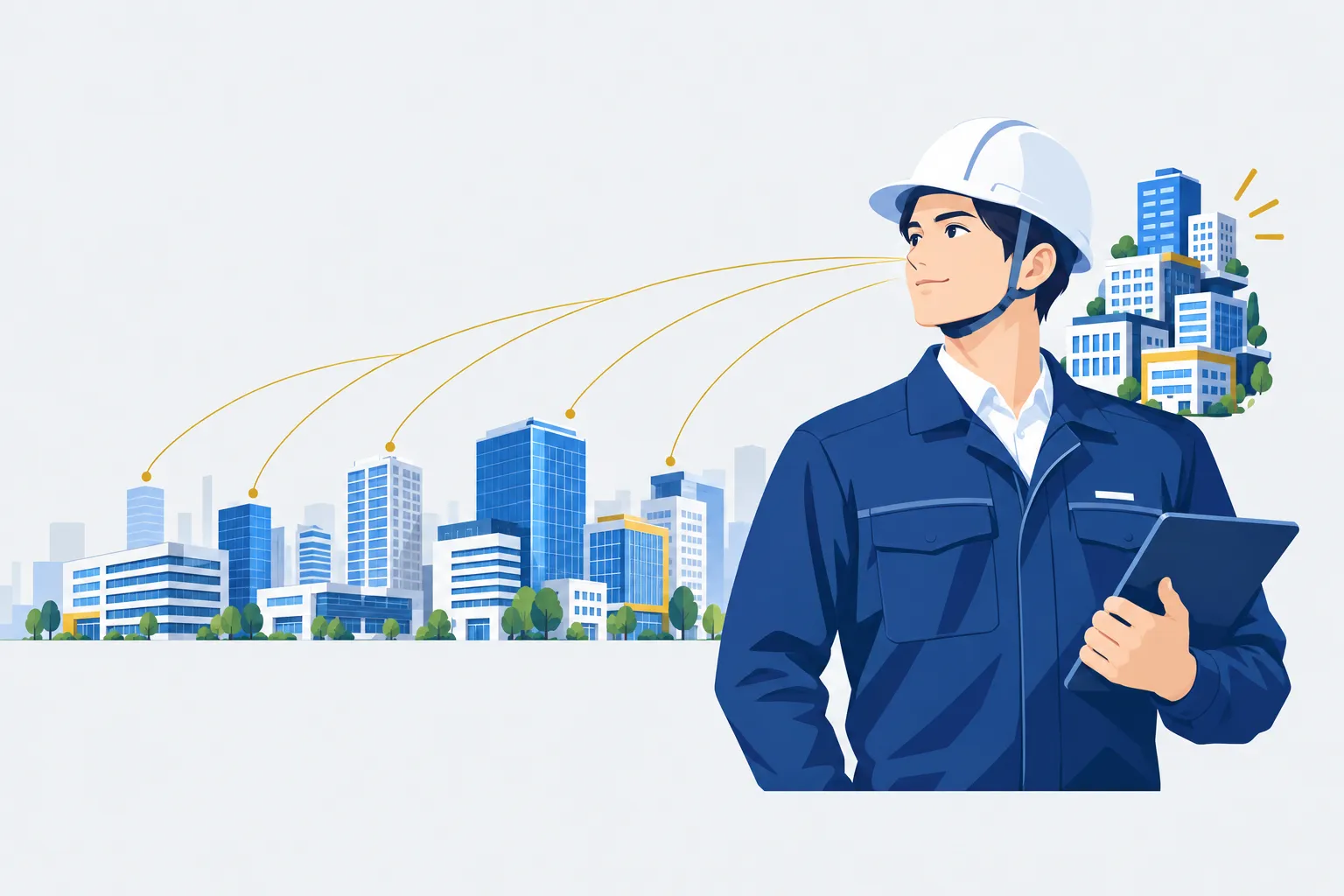 1社が多くの建物を担当する設備保守業務をイメージした編集用ビジュアル